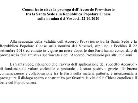 Holy See-China provisional agreement on appointment of bishops extended for two years