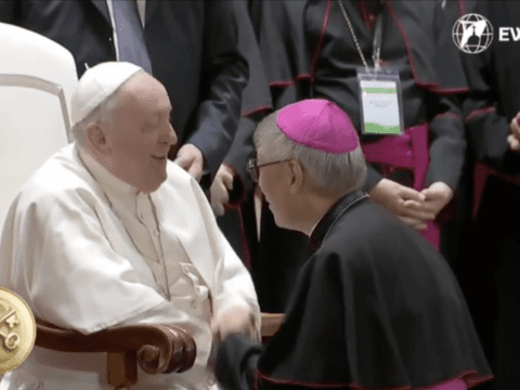 Mongolia: Pope Francis greeting Bishop Stephen Chow Sau Yan, SJ