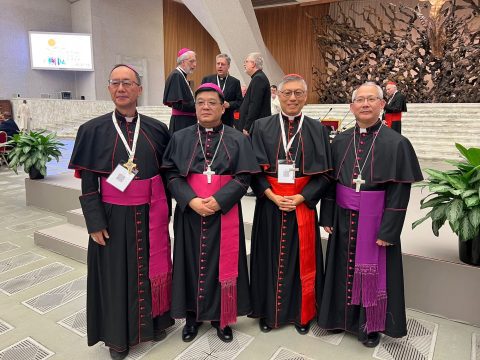 Cardinal Stephen with three Chinese bishops at the opening of the Synod of Bishops in Rome